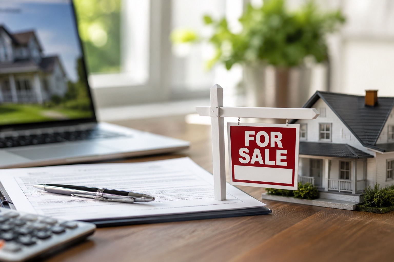 A For Sale sign beside a home and paperwork, representing a planned sale
